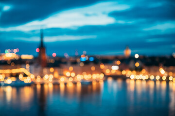 Stockholm, Sweden. Night Skyline Abstract Boke Bokeh Background. Design Backdrop. Panorama Panoramic View