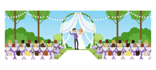 Outdoor Marriage Celebration in Park, Happy Newlyweds and their Guests Cartoon Style Vector Illustration