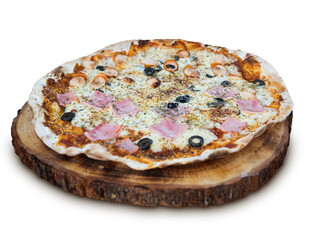 Pizza with ham and sausage served on wooden plate isolated on white