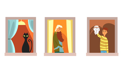 Neighbors in Windows Doing Daily Things in their Apartments Set, Black Cat Looking Through Window, Couple in Love Hugging, Man Clean Window with Rag Cartoon Vector Illustration