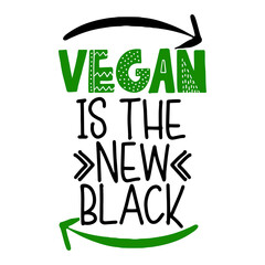 Vegan is the new black - Funny vegan motivation saying with leafs for gift, t-shirts, posters. Isolated vector eps 10.