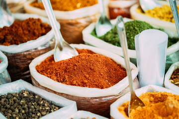 Close View Of Masala Curry, Bright Colors Fragrant Seasoning, Condiment In Bags On Local Food Market, Bazaar