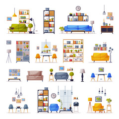 Interiors with Comfy Furniture Set, Cozy Living Room or Apartments Trendy Interior Vector Illustration