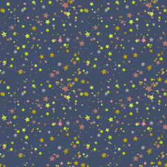 Cartoon colorful geo seamless pattern with chaotic stars and dots. Confetti wrapping paper. Messy geometric infinity background. Vector illustration. 