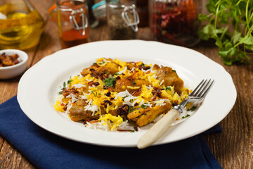 Biryani with chicken. Traditional Indian dish of rice and chicken marinated in spices and yoghurt.