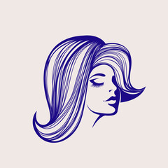 Beautiful woman with long, wavy hairstyle and elegant makeup.Hair salon and beauty studio vector illustration.Cosmetics and spa logo.Young lady portrait.Smiling female face.