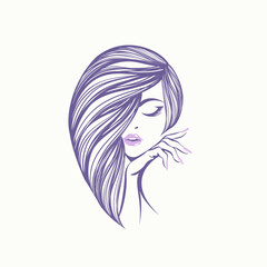 Beautiful woman with long, wavy hairstyle, elegant makeup and manicure.Hair salon, nails art and beauty studio vector illustration.Cosmetics and spa logo.Young lady portrait.Attractive female face.