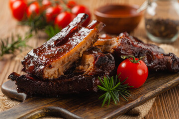 Roasted pork ribs in a bbq sauce. Served on a wooden board. Front view.