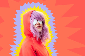 Art collage with alternative funky girl with pink hair on bright blue yellow pink background. Close up fashion portrait young beautiful woman in hoodie and white glasses. Unusual youth fashion concept