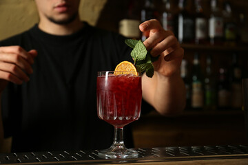 Bartender decorating glass of fresh alcoholic cocktail at bar counter, closeup
