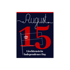 Calendar sheet, vector illustration on the theme of Liechtenstein Independence Day on August 19. Decorated with a handwritten inscription AUGUST and Liechtenstein flag.