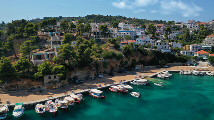 Fototapeta na wymiar Aerial drone photo of famous small fishing port and village of Votsi in island of Alonissos, Sporades, Greece