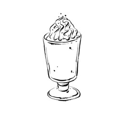 Hand drawn vector abstract artistic cooking ink sketch illustration drawing of coffee cocktail and whipped cream in glass isolated on white background