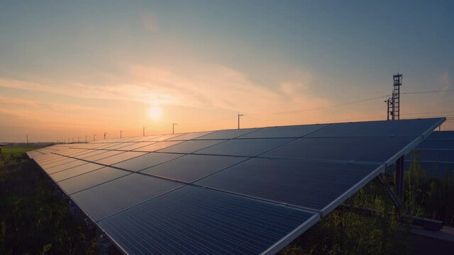 Time-lapse 4K large industrial Solar Energy Farm producing concentrated solar power.Day to night 