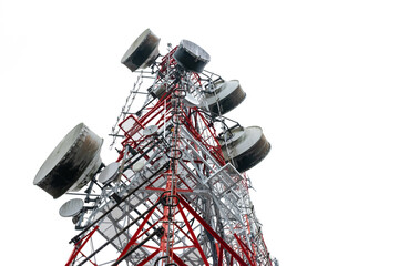 Look up to view the telecommunication pole isolated on white background