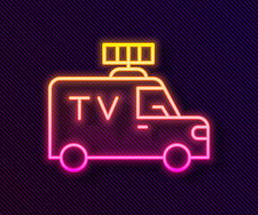 Glowing neon line TV News car with equipment on the roof icon isolated on black background. Vector.