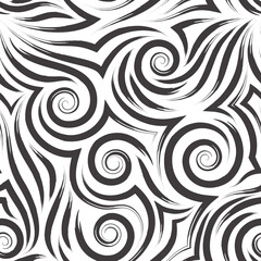 Vector seamless pattern of black spirals of lines and angles. Linear texture of smooth and angular brush strokes. For decoration or design of fabrics and paper