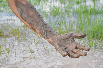 Close up of male hand covered with mud.