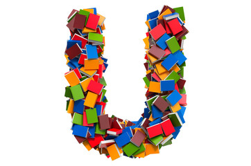 Letter U from colored books. 3D rendering