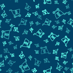 Green line Shopping cart with bitcoin icon isolated seamless pattern on blue background. Online payment. Cash withdrawal. Modern method of payment. Vector.