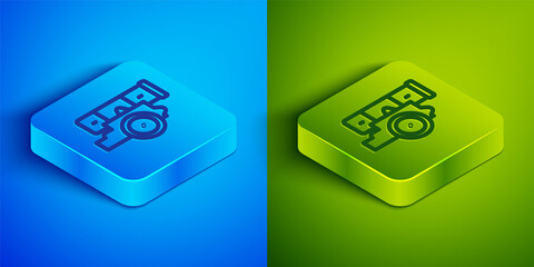 Isometric line Cannon icon isolated on blue and green background. Square button. Vector.