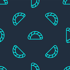 Green line Dumpling icon isolated seamless pattern on blue background. Traditional chinese dish. Vector.