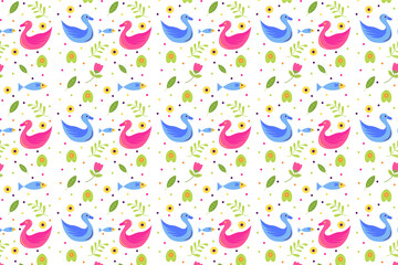 Seamless cute pattern with ducks, flower, leaf and plants use white background.  vector illustration design in horizontal layout