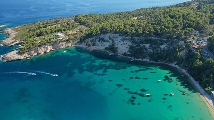 Naklejka premium Aerial drone photo of Patitiri, main port and beach of Alonissos island, Sporades, Greece
