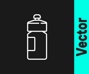 White line Fitness shaker icon isolated on black background. Sports shaker bottle with lid for water and protein cocktails. Vector.