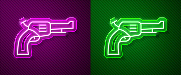 Glowing neon line Revolver gun icon isolated on purple and green background. Vector.