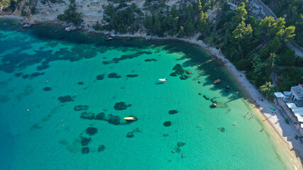 Aerial drone photo of Patitiri, main port and beach of Alonissos island, Sporades, Greece