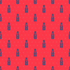 Blue line Tabasco sauce icon isolated seamless pattern on red background. Chili cayenne spicy pepper sauce. Vector.