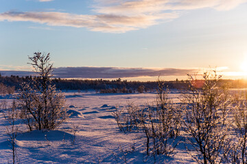 Fototapeta premium Winter sunset in Nuorgam, Lapland, Finland