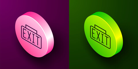 Isometric line Exit icon isolated on purple and green background. Fire emergency icon. Circle button. Vector.