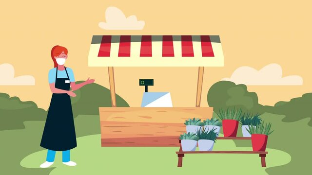 saleswoman wearing medical mask with plants market kiosk character