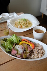 Delicious japanese wagyu steak with healthy brown rice at a japanese cafe.