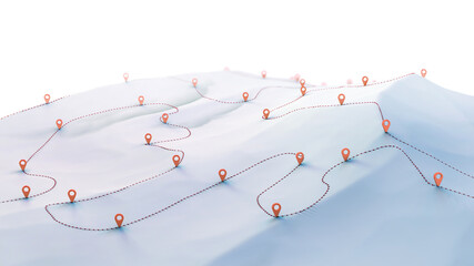 Overview of a winding hiking trail through the mountains with waypoints - 3d illustration