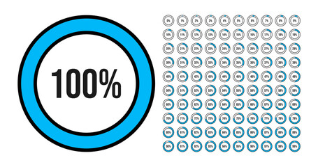Big set of circle percentage diagrams from 0 to 100 percent. Vector illustration.