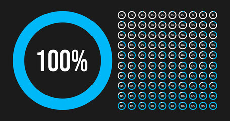 Big set of circle percentage diagrams from 0 to 100 percent. Vector illustration.