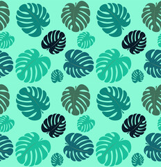 Fototapeta na wymiar Seamless pattern with monstera leaves on a green background. Fresh bright background for interior design, wallpaper, paper, fabric. Leafy botanical template vector illustration