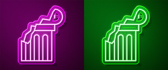 Glowing neon line Broken ancient column icon isolated on purple and green background. Vector.