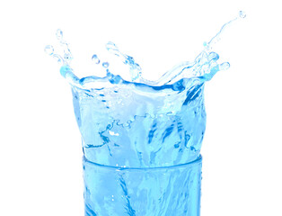 ice cubes threw into a glass of pure water and water splashes. Isolated on a white background