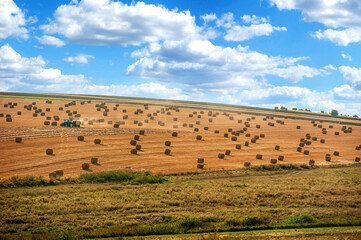 Cylindrical straw bales lie on a sloping field under sky with clouds. Summer landscape, top view.