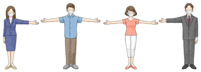 ソーシャルディスタンス（４人、マスク、手を広げる）