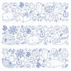 Vector icons of sea ocean adventure for little children. Nautical pattern for kids. Whale, pirates, pirate map, treasure chest, diving and fishes.