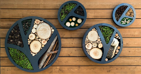 Composition of wood, cones, grass on a wooden background in round shapes of different sizes. Decoration, decor.