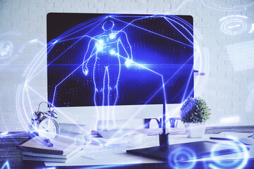 Desktop computer background and education theme drawing. Double exposure. Study concept.