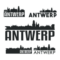 Antwerp Belgium Flat Icon Skyline Vector Silhouette Design Set.