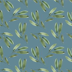 Seamless watercolor pattern with green twigs. Use for print, wallpaper, textile, background, scrapbooking, packaging.