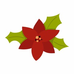 Poinsettia single icon. Winter flower with leaves for your christmas holidays design flat vector cartoon doodle collection